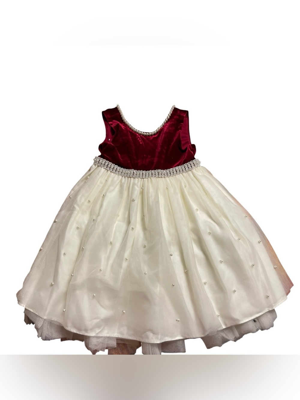 Couture Princess Girls Size 4 Formal Pearl Tulle Dress Red Velvet Bow